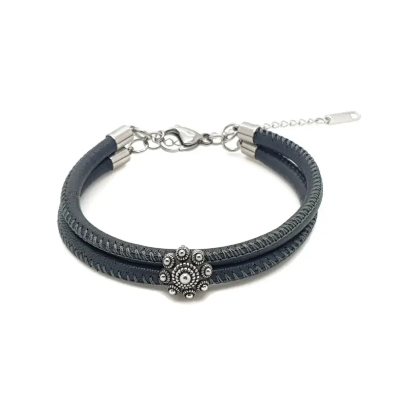 RVS Zeeuwse knop armband - Stitched leer antraciet