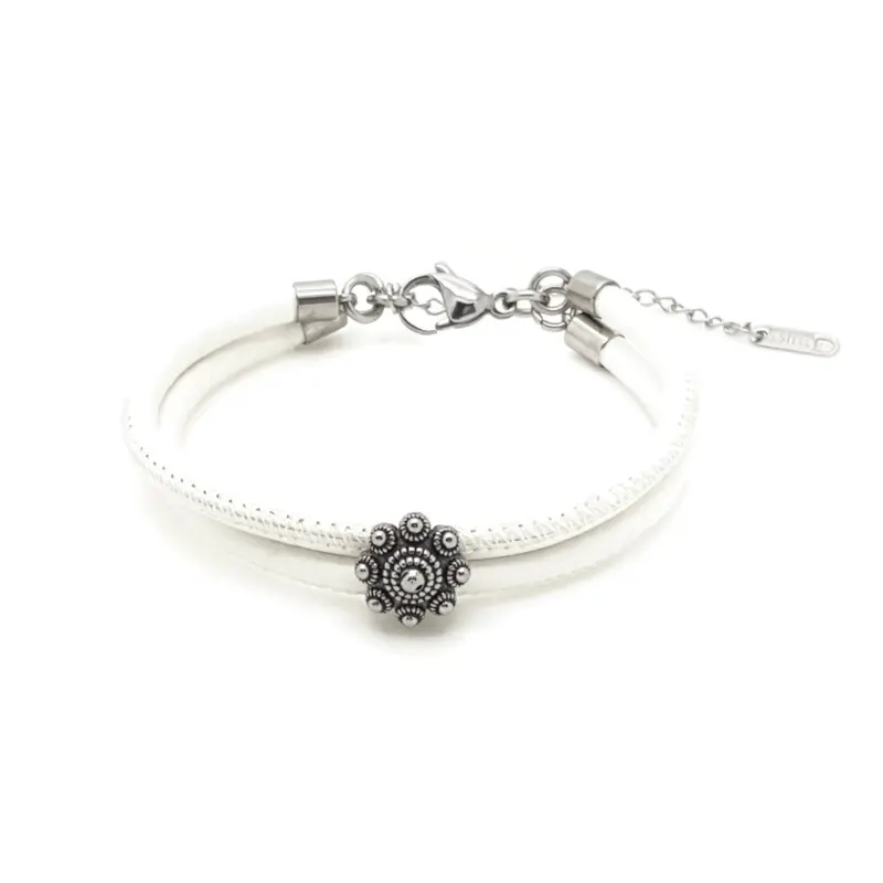 RVS Zeeuwse knop armband - Stitched leer wit