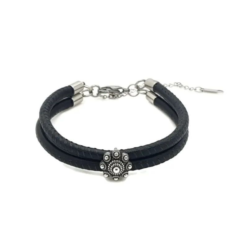 RVS Zeeuwse knop armband - Stitched leer zwart