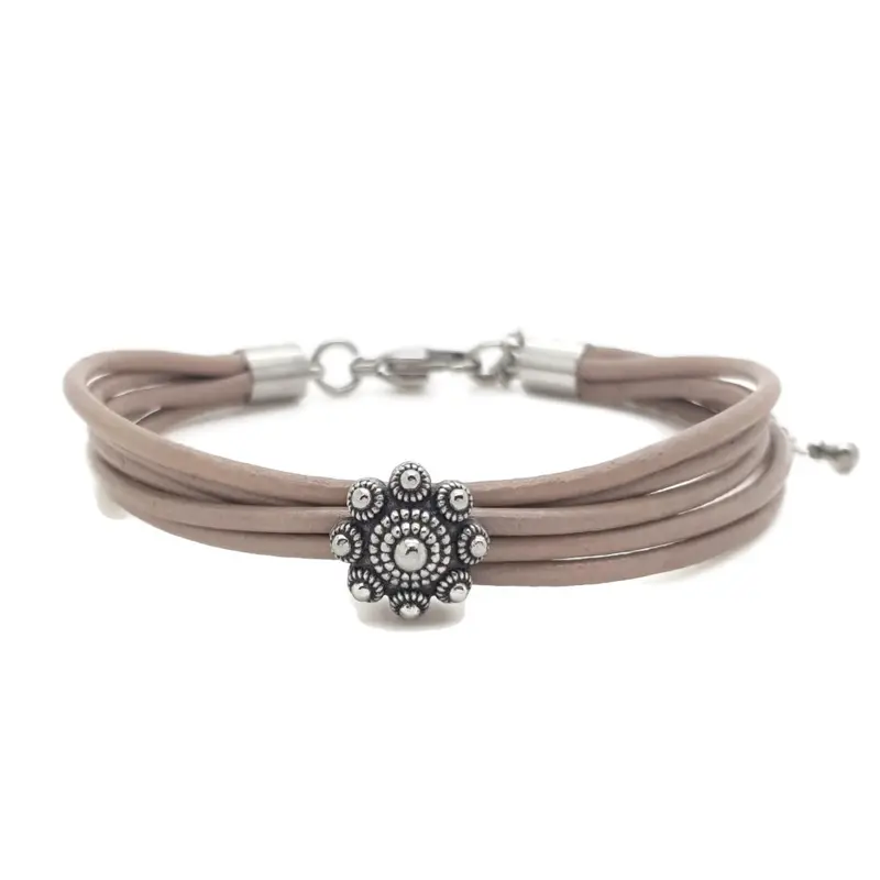 RVS Zeeuwse knop armband - Taupe leer