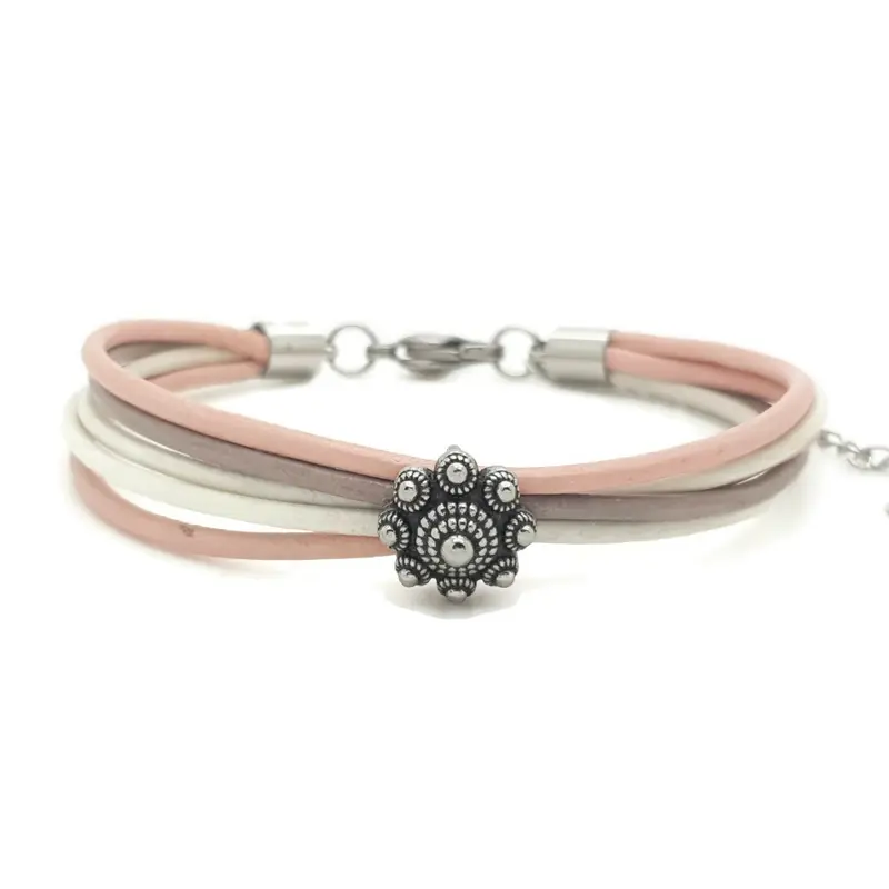 RVS Zeeuwse knop armband - Taupe, roze en wit leer