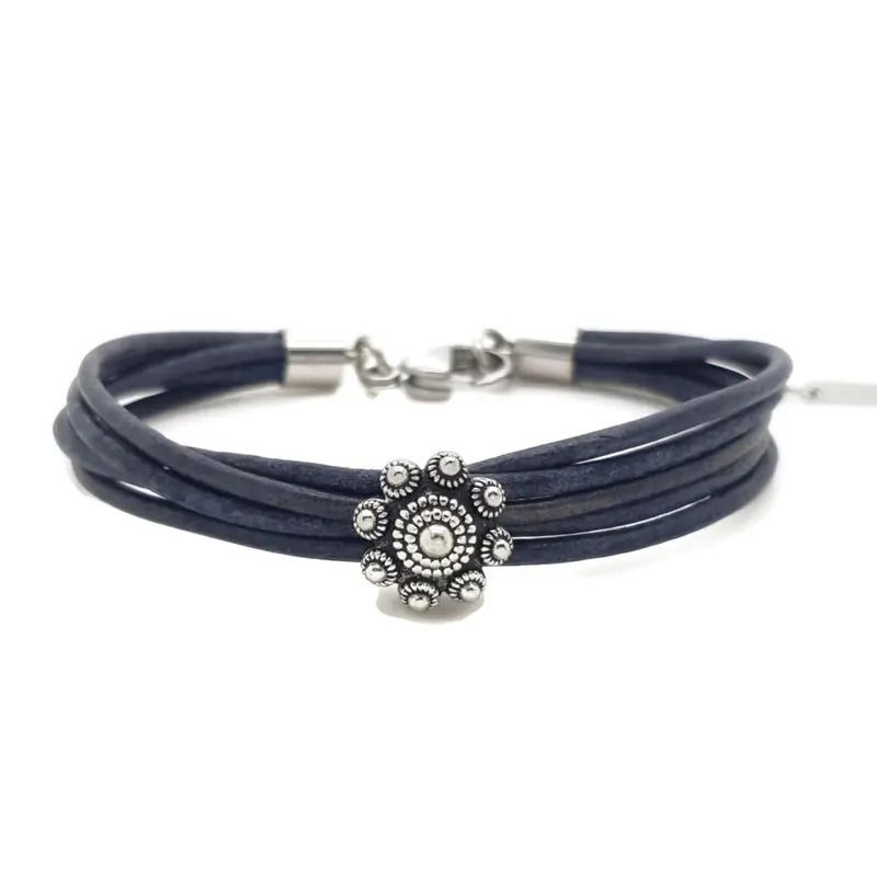 RVS Zeeuwse knop armband - Vintage blauw leer