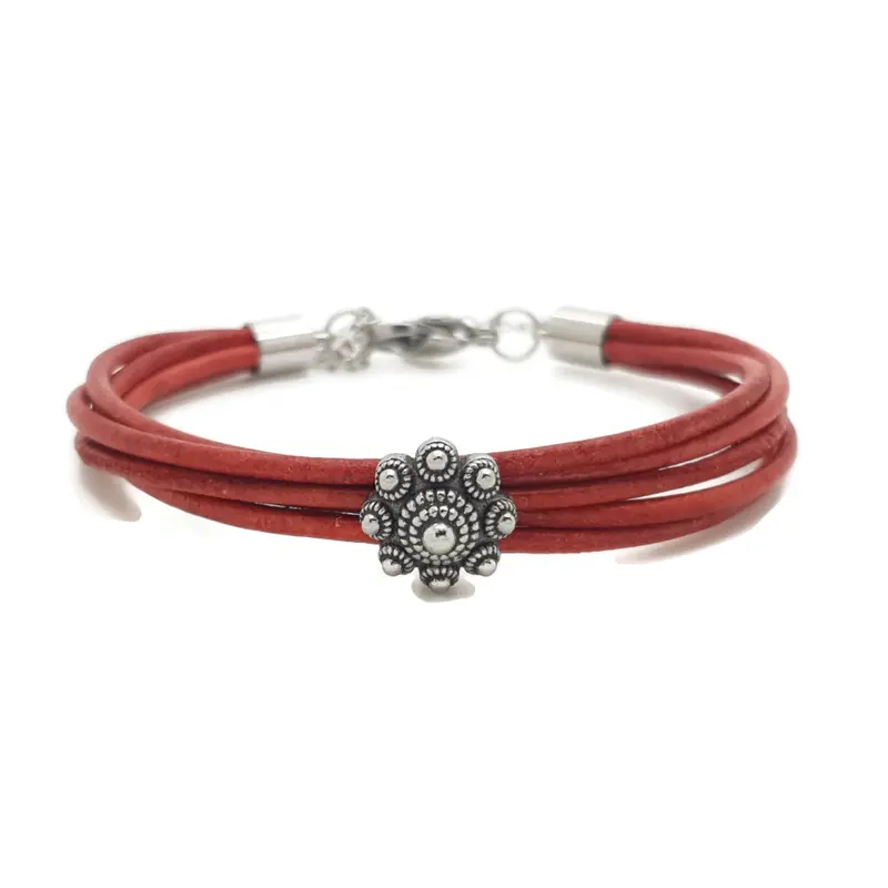RVS Zeeuwse knop armband - Vintage rood leer