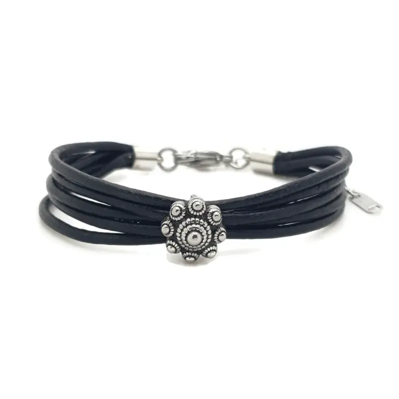 RVS Zeeuwse knop armband - Zwart leer