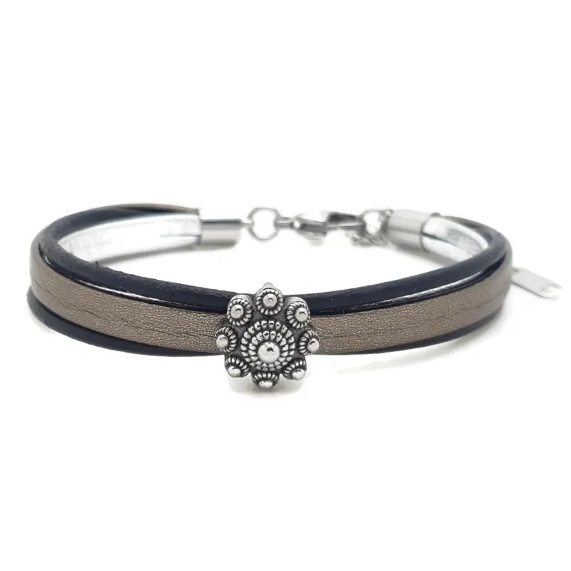 RVS Zeeuwse knop armband - Zwart, zilver en platinum leer