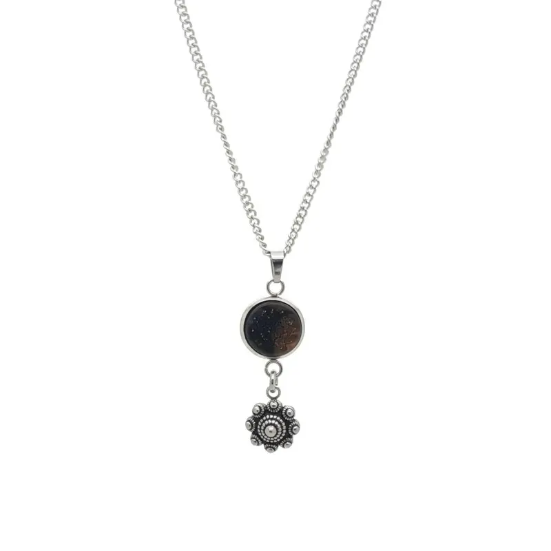 RVS Zeeuwse knop ketting - Mandala zwart topaz