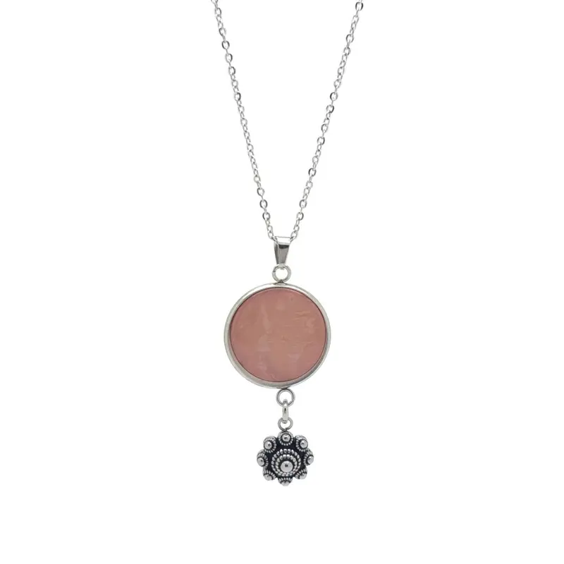 RVS Zeeuwse knop ketting - Resin hanger vintage roze