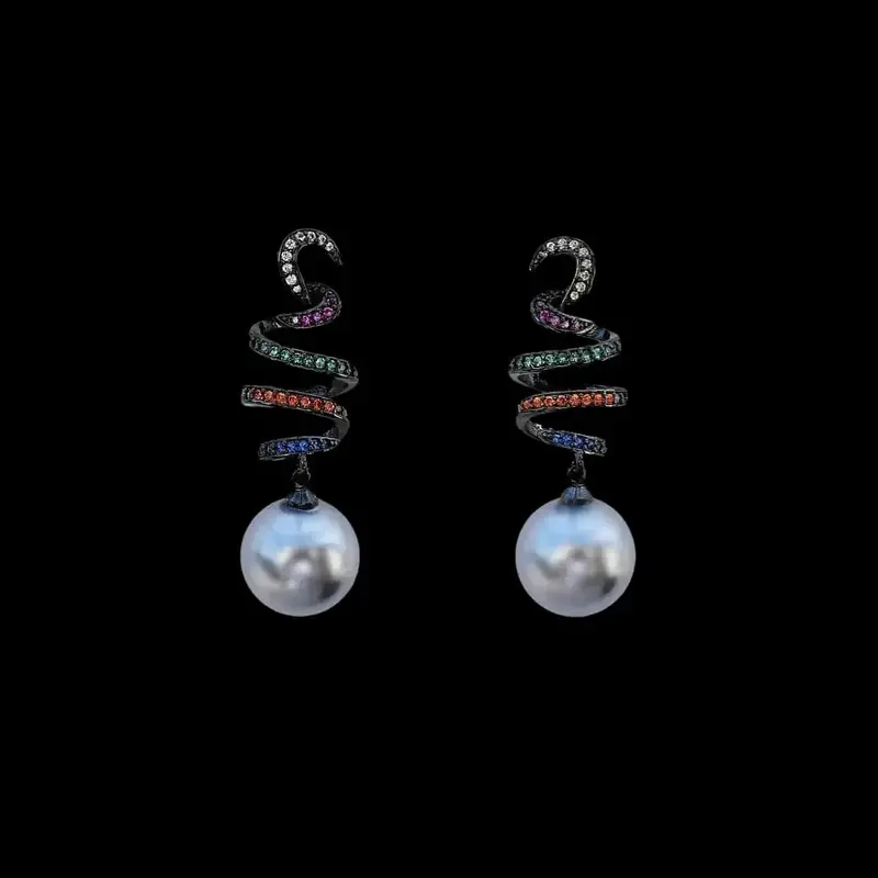 Slinger Oorbellen met Grijze Parels en Multicolor Zirkonia Stenen