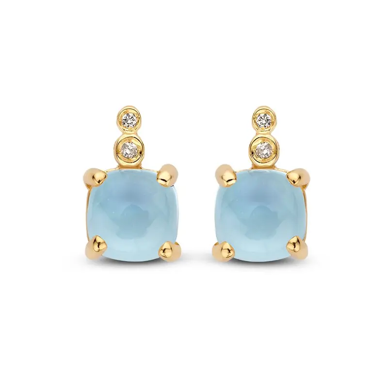 Stijlvolle Geelgouden Oorbellen met Cabochon Geslepen Blauwe Topaas en Diamanten 14 Karaat