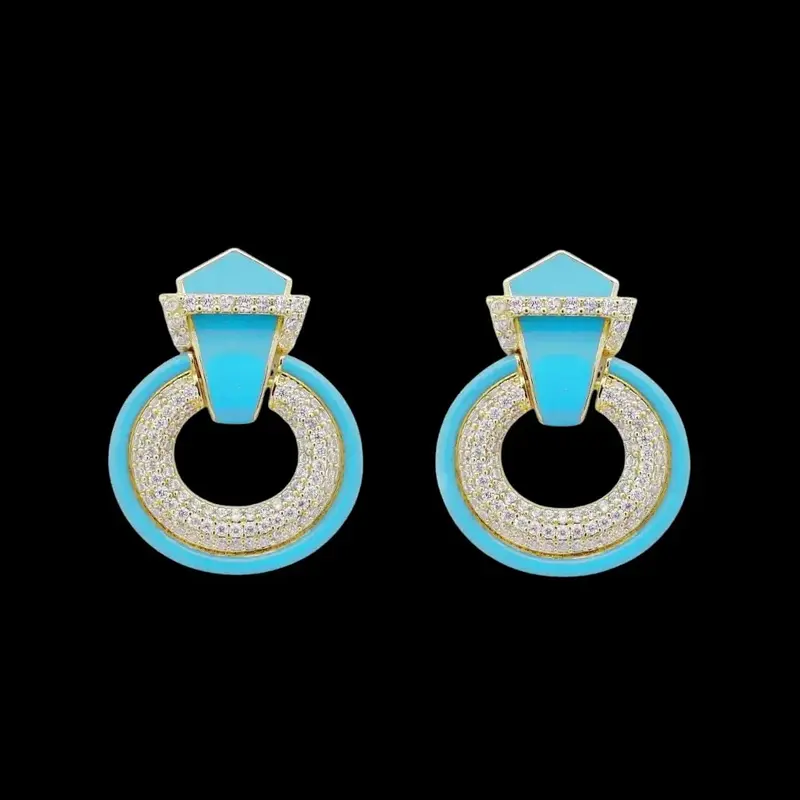 Vergulde ronde oorbellen met zirkonia stenen en turquoise emaille