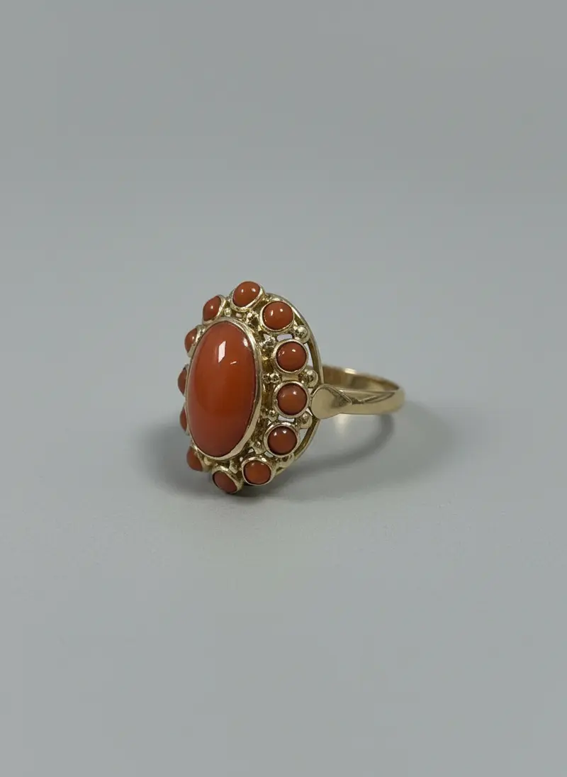 vintage gouden ring 14k bloedkoraal 3.5gr