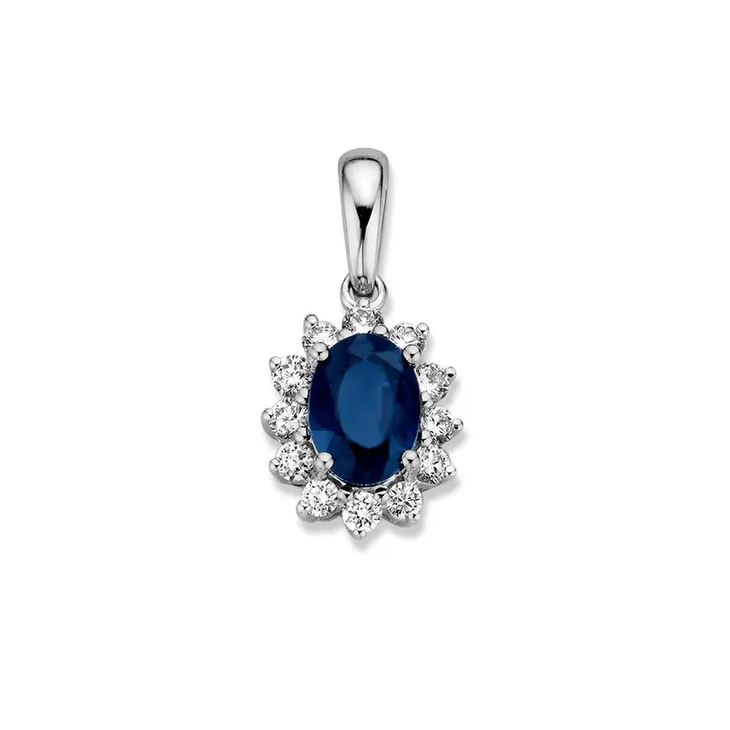 Witgouden hanger met blauwe saffier (1.00 crt) en 0.27 crt diamant – 14 karaat, 1,3 gram