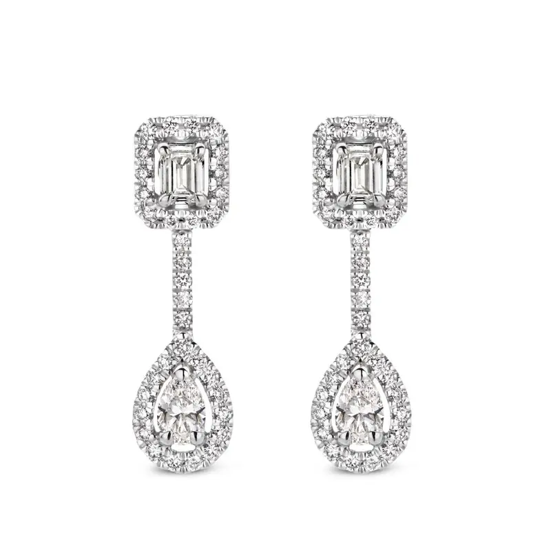 Witgouden Oorhangers met Diamanten – 1,04 Caraat – Baguette, Emerald & Peergeslepen Diamanten