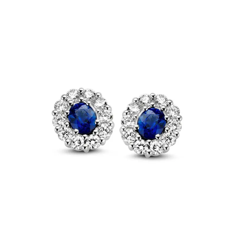 Witgouden Oorstekers met Saffier en Briljant in Entourage Zetting – 14 Karaat, 0.50 ct