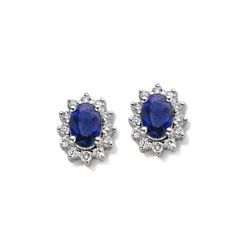 Witgouden Oorstekers Saffier Entourage met Briljant – 14K Oorbellen voor Dames, 0.28 crt Diamanten