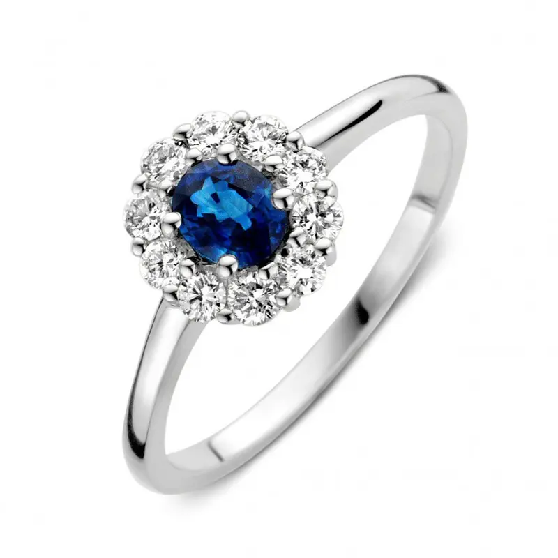 Witgouden Ring met Blauwe Saffier en Diamanten