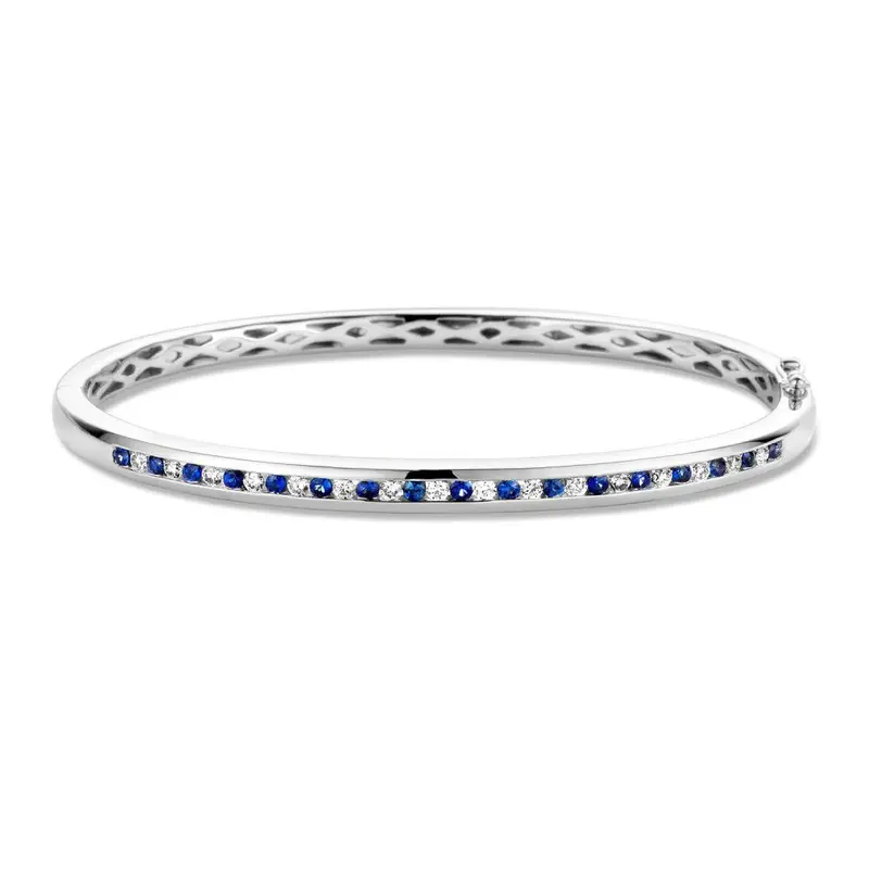 Witgouden Slavenarmband met Briljant en Saffier – 14 Karaat, 0.47 crt Diamant, 60x51 mm