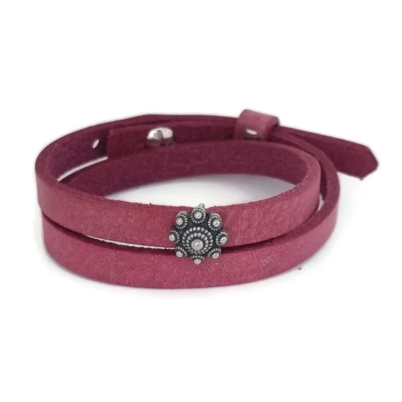 Zeeuwse knop armband leer dubbel - Rubine roze