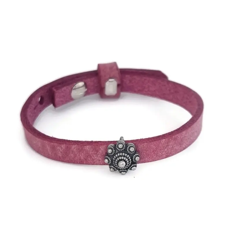 Zeeuwse knop armband leer - Rubine roze