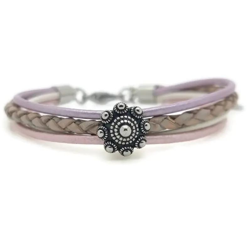 Zeeuwse knop armband - Lila, roze en bruin leer