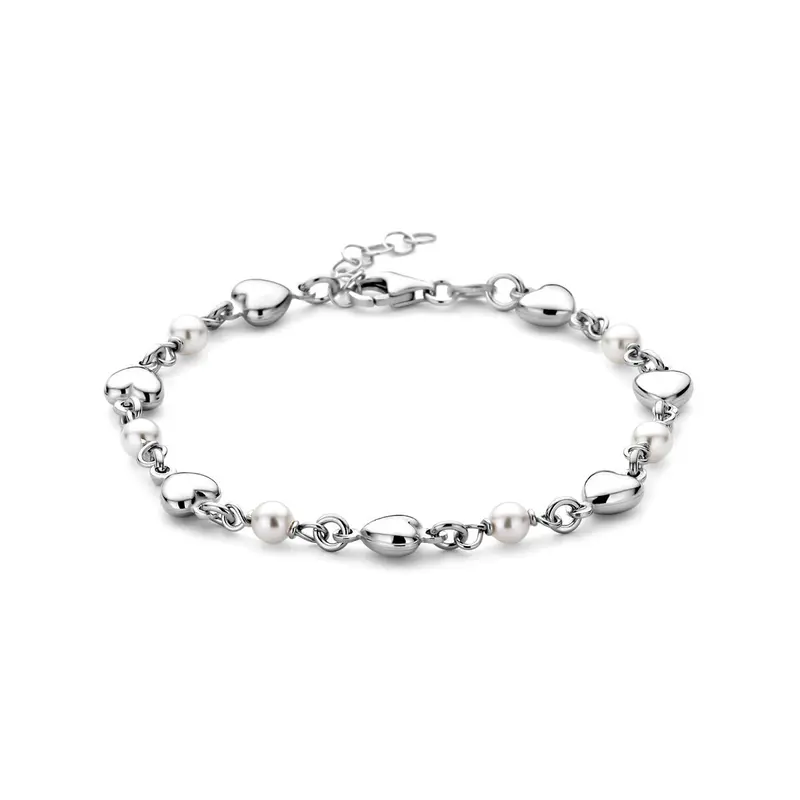 Zilveren armband dames hartjes en swarovski parels gerhodineerd