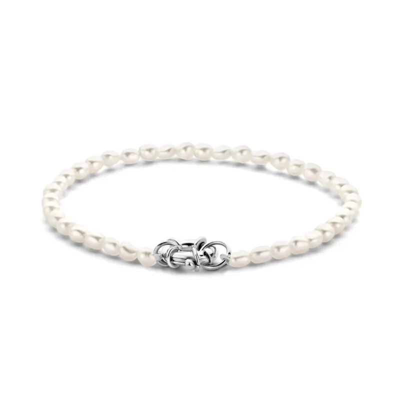 Zilveren armband dames parel met groot springslot gerhodineerd