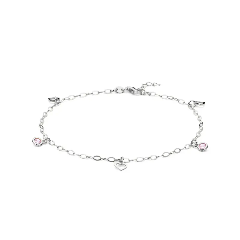 zilveren enkelbandje hart en roze zirkonia 24 + 2 cm