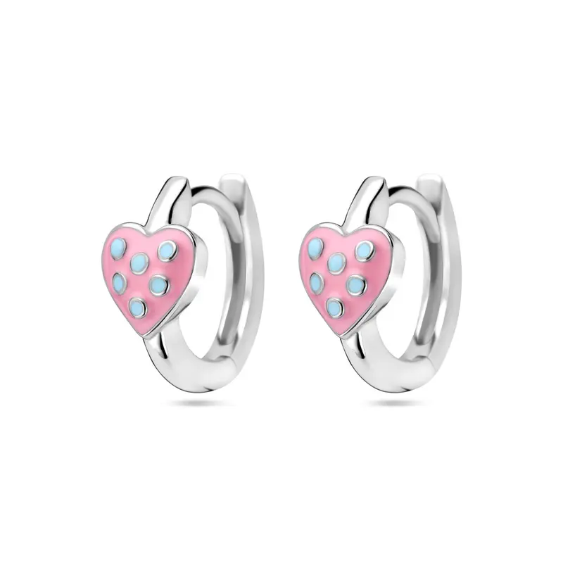 Zilveren kinder klapoorringen met roze en turquoise emaille hartje
