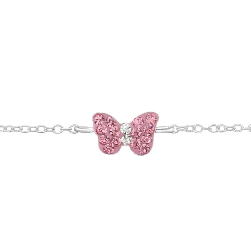 Zilveren kinderarmband - Vlinder roze strass
