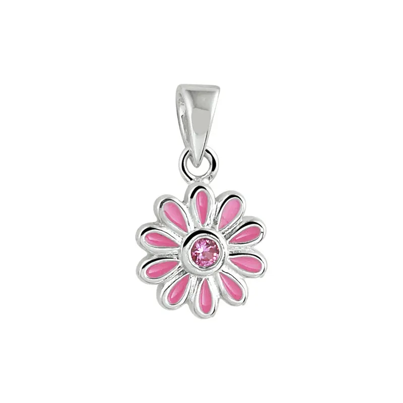 Zilveren kinderhanger bloem met roze zirkonia – gerhodineerd