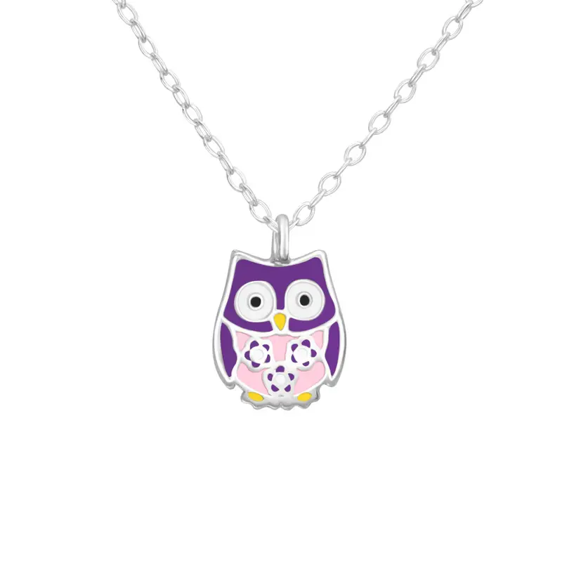Zilveren kinderketting - Uil paars
