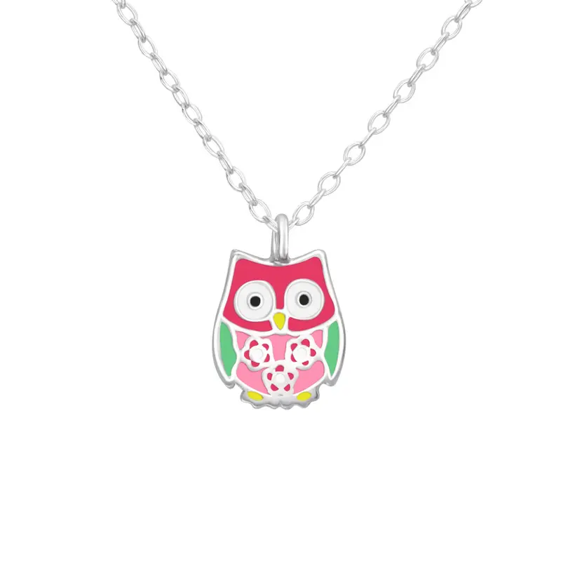 Zilveren kinderketting - Uil roze
