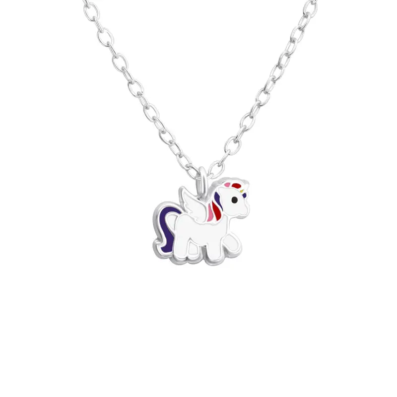 Zilveren kinderketting - Unicorn wit paars