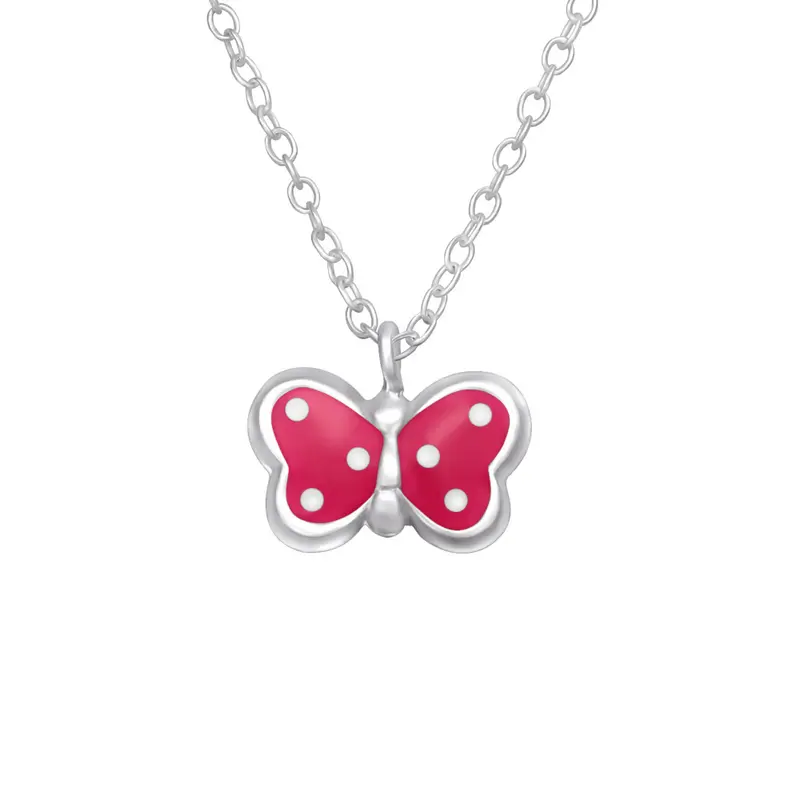 Zilveren kinderketting - Vlinder donkerroze