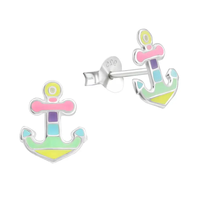 Zilveren kinderoorbellen - Anker multicolor