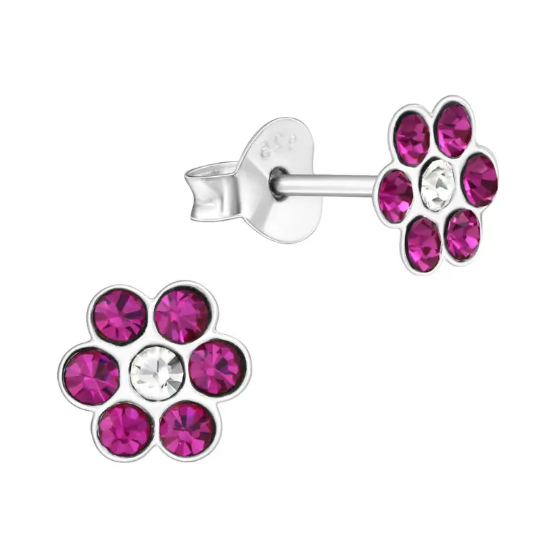 Zilveren kinderoorbellen - Bloem fuchsia strass