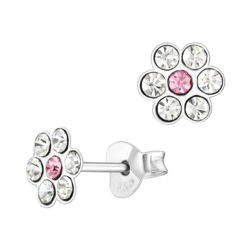 Zilveren kinderoorbellen - Bloem wit strass