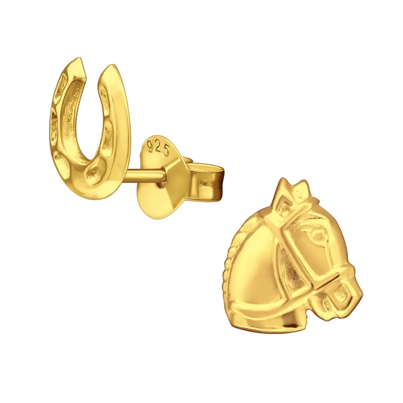 Zilveren kinderoorbellen goldplated - Paard en hoefijzer