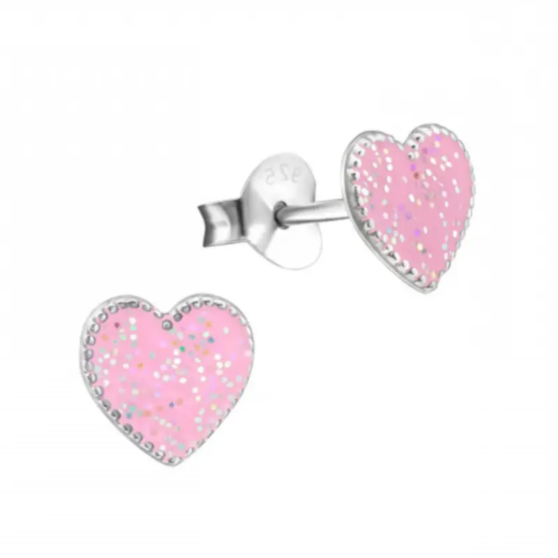 Zilveren kinderoorbellen - Hart roze glitters