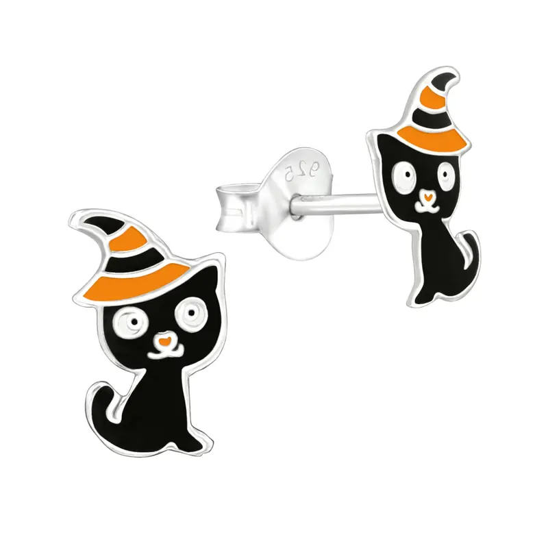 Zilveren kinderoorbellen - Kat halloween