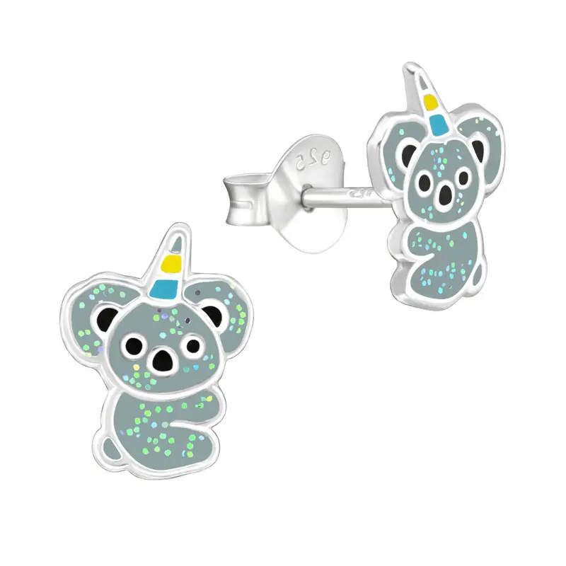 Zilveren kinderoorbellen - Koala glitter