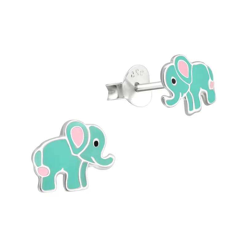 Zilveren kinderoorbellen - Olifant mintgroen
