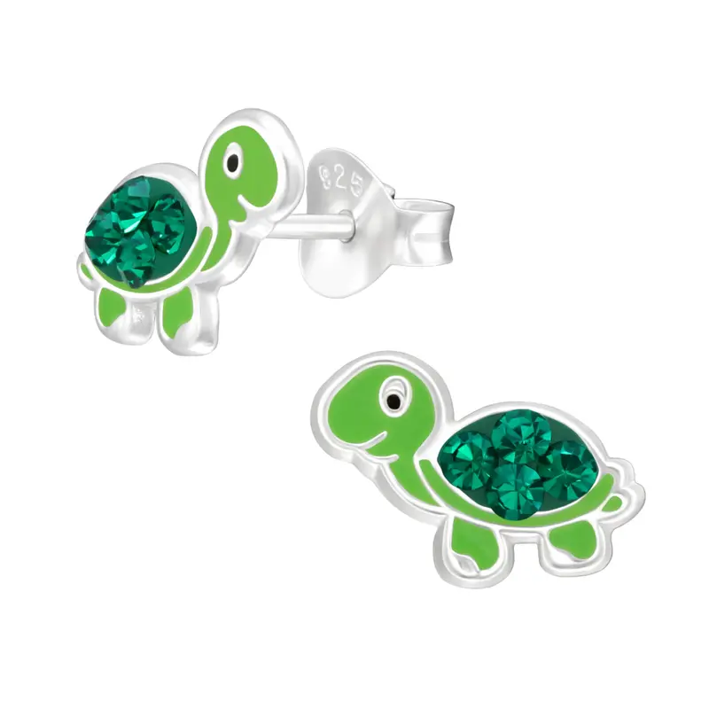Zilveren kinderoorbellen -  Schildpad met strass