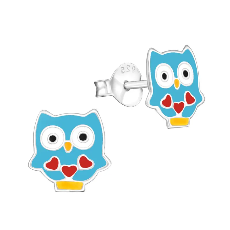Zilveren kinderoorbellen - Uil blauw