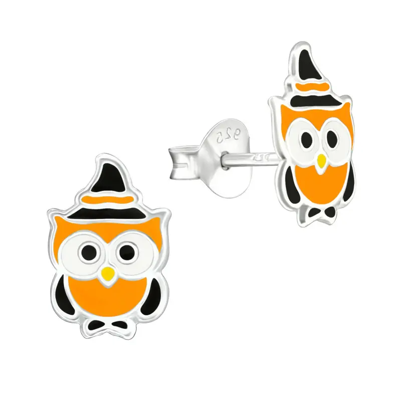 Zilveren kinderoorbellen - Uil halloween