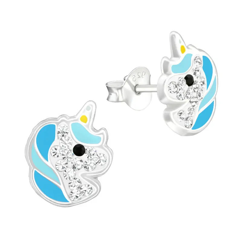 Zilveren kinderoorbellen - Unicorn blauw strass