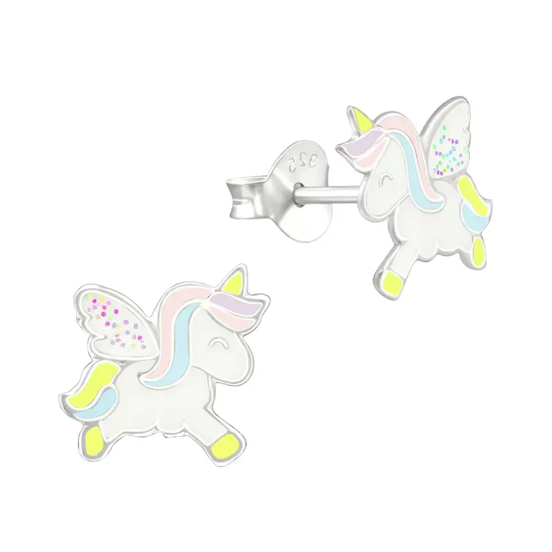 Zilveren kinderoorbellen - Unicorn glitter vleugels