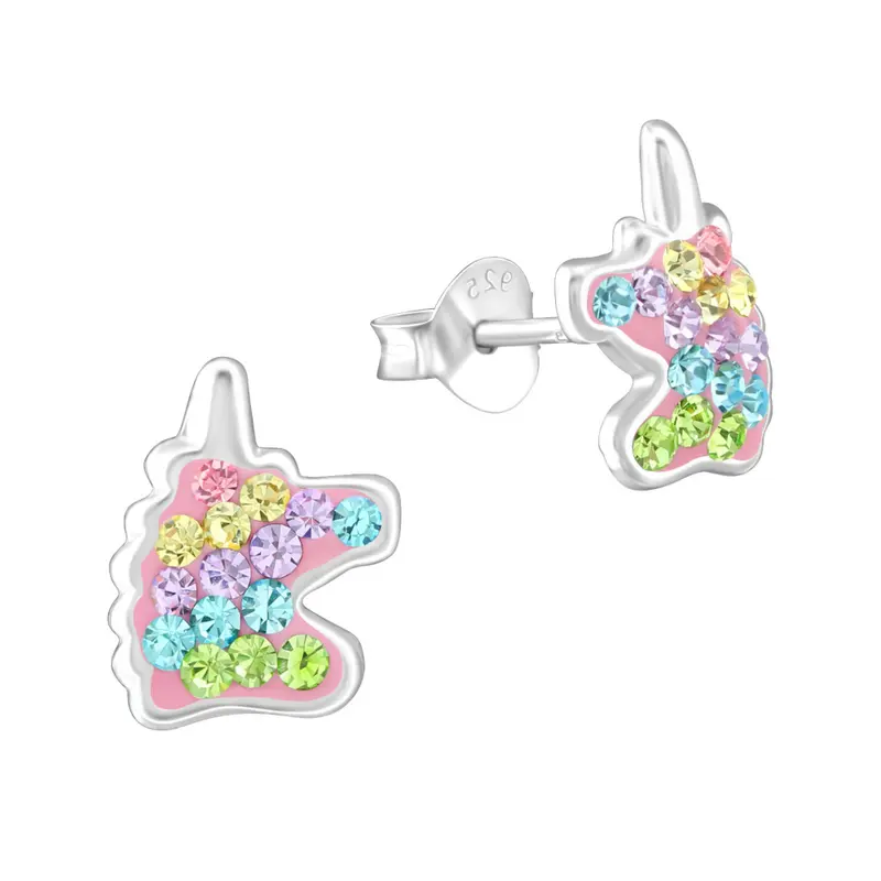 Zilveren kinderoorbellen - Unicorn multicolor strass