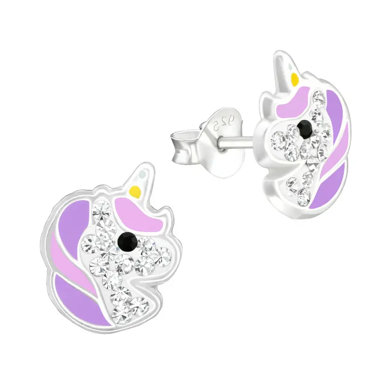 Zilveren kinderoorbellen - Unicorn paars strass