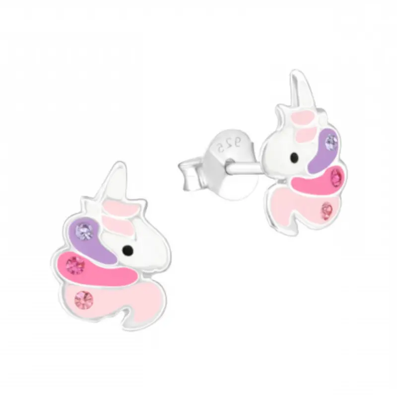 Zilveren kinderoorbellen - Unicorn roze lila